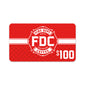 A red $100 Fire Department Coffee gift card.