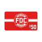 A red $50 Fire Department Coffee gift card