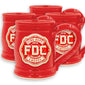 4 red pottery mugs with Fire Department Coffee’s Maltese Cross logo in white.