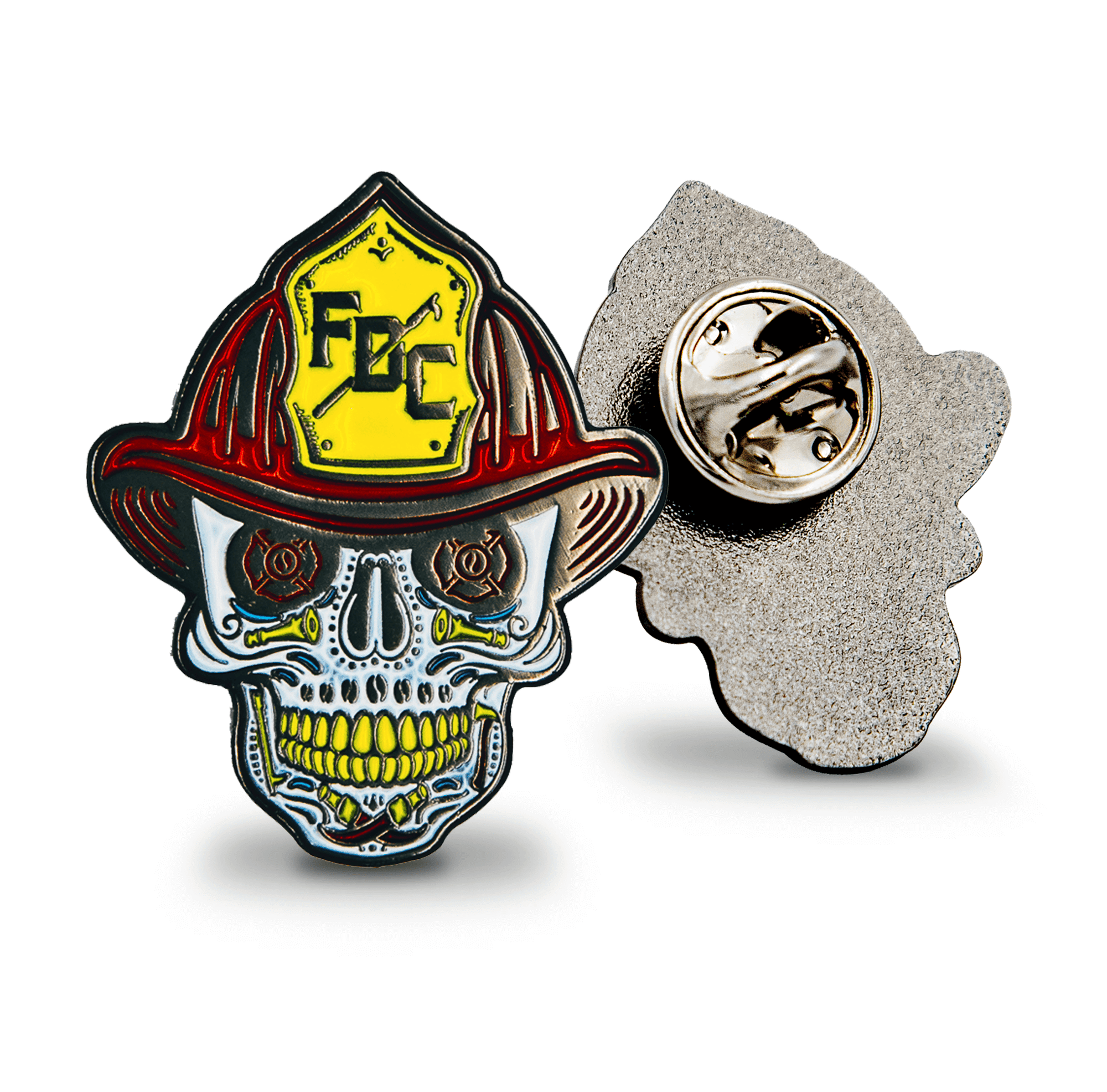 The dead Before Coffee pin, featuring a skull wearing a fireman's helmet.