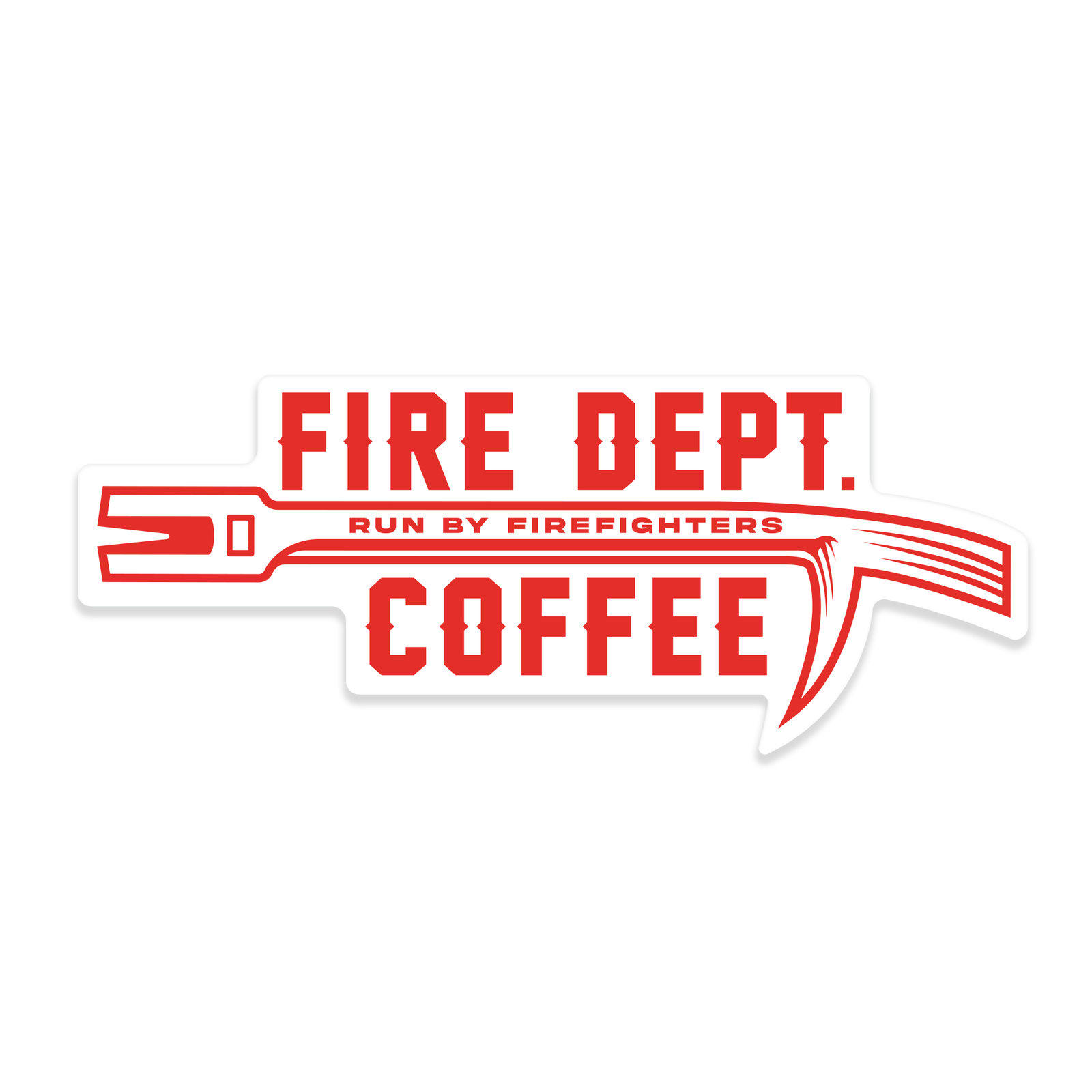A Fire Dept. Coffee sticker featuring a red Halligan Bar with the text "Run By Firefighters".