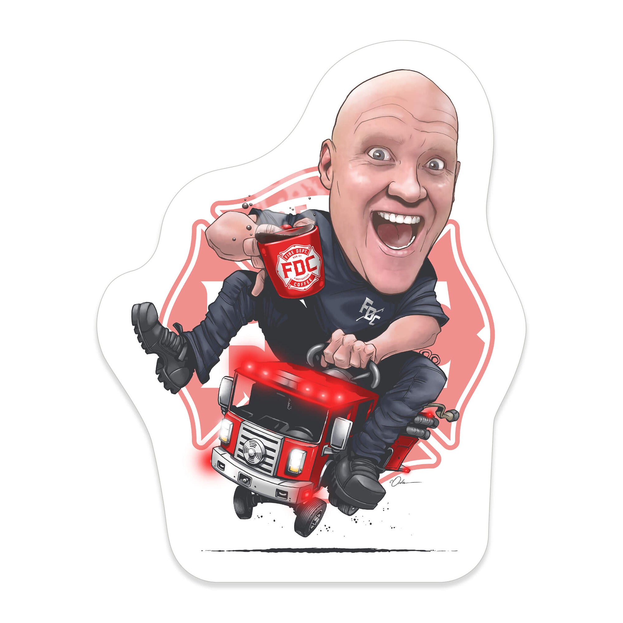 A sticker that shows Jason riding on a fire engine with an FDC coffee mug in hand and an FDC maltese cross logo behind him.