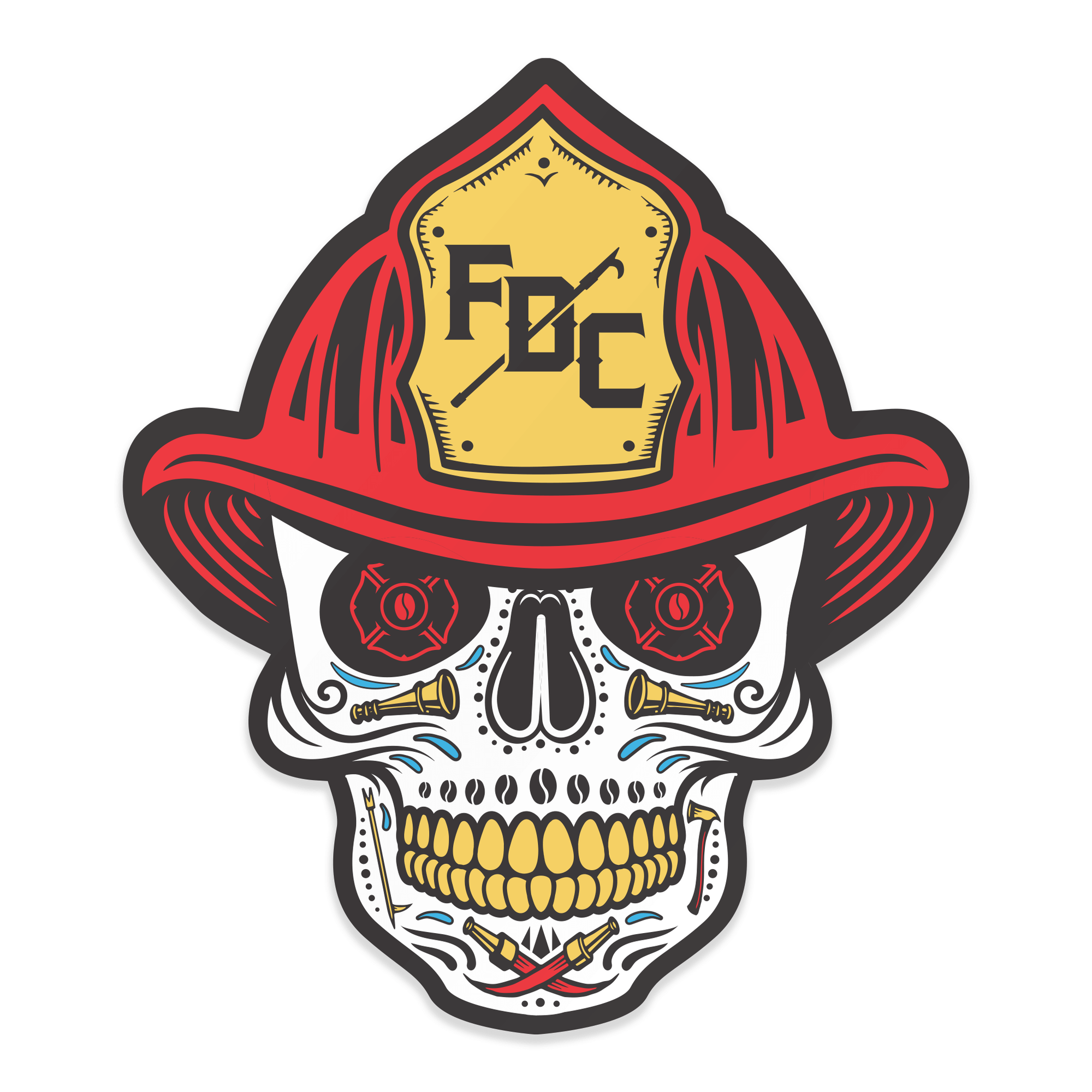 A sticker of Fire Department Coffee's Dead Before Coffee Logo