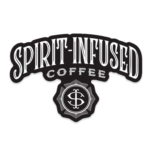 A black and white sticker that says ”Spirit Infused Coffee” and has Fire Department Coffee’s Spirit Infused logo below.
